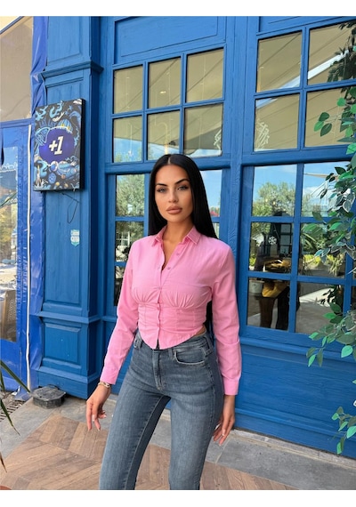 WeShaya Pembe Polyester Pamuk Parçalı Gömlek Pembe