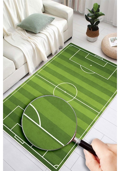 Futbol Sahası Desenli Yıkanabilir Kaymaz Taban Çocuk Oyun Halısı Yeşil