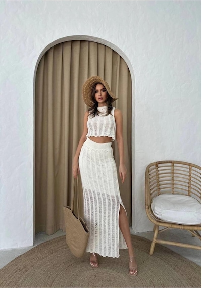 Ecenin Favorileri Triko Crop Etek Takım Ekru