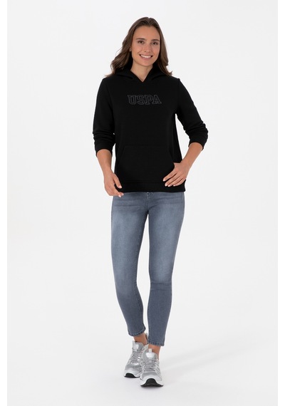 U.S. Polo Assn. Kadın Siyah Şardonlu Kapüşonlu Basic Sweatshirt 50313566-VR046