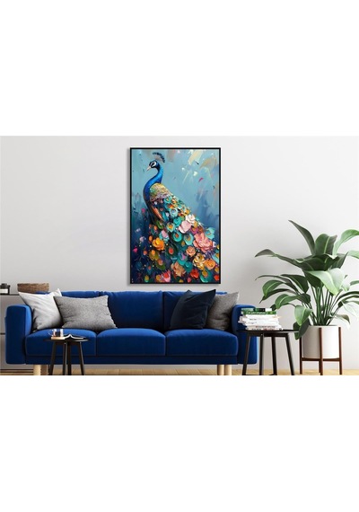 Yağlı Boya Dokulu Tablo Modern Renkli Tavus Kuşu Siyah Çerçeveli U04033-178947