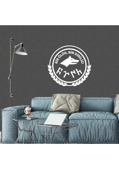 Göktürkçe Türk Ve Bir Ölür Bin Diriliriz Yazılı Kurt Dekoratif Duvar Sticker, Çıkartma, Etiket Beyaz