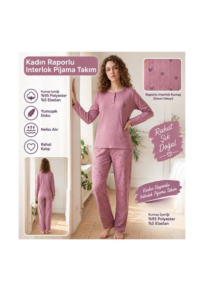 Boyraz Lindros Kadın Düğme Yaka Raporlu İnterlok Kışlık Pijama Takımı 02741 - 1 Adet Gül Kurusu Boyraz Lindros Kadın Düğme Yaka Raporlu İnterlok Kışlık Pijama Takımı 02741 - 1 Adet Gül Kurusu