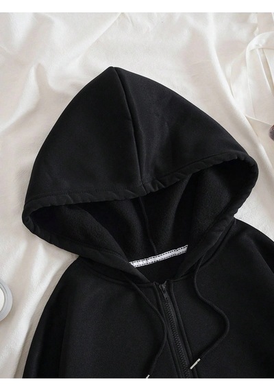 Bear And Heart Print Zip Up Lined Drawstring Hoodie Siyah Siyah