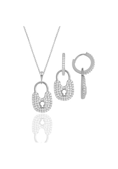 Gümüş Rodyumlu Zirkon Taşlı Kilit Kolye Ve Küpe İkili Set