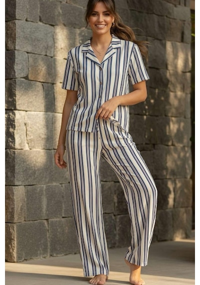 Relax Mode Kadın Mavi Çizgili Gömlek Pijama Takım - 26036r Beyaz