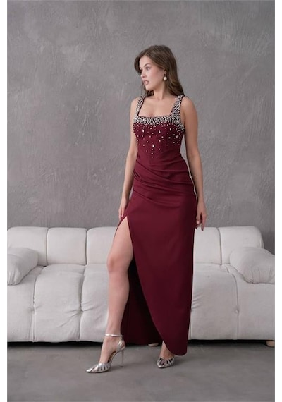 Dip Moda Dipmoda Kadın Taş Detaylı Askılı Uzun Abiye Elbise Dpnbs9367 Bordo