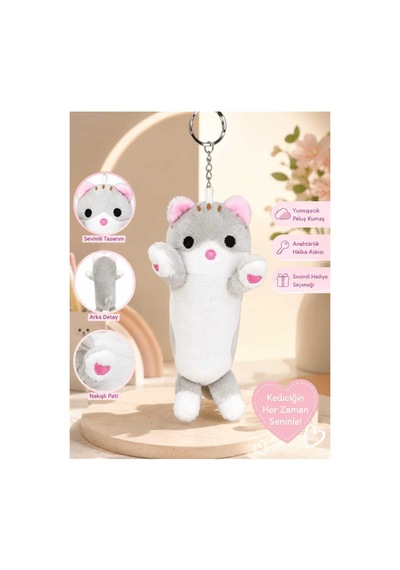 Sevimli Peluş Kedi Anahtarlık Ve Çanta Aksesuarı Gri Gri