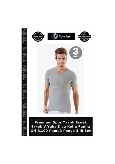 Terrien Premium Spor Yazlık Esnek Erkek V Yaka Kısa Kollu Fanila Gri %100 Pamuk Penye 3'lü Set