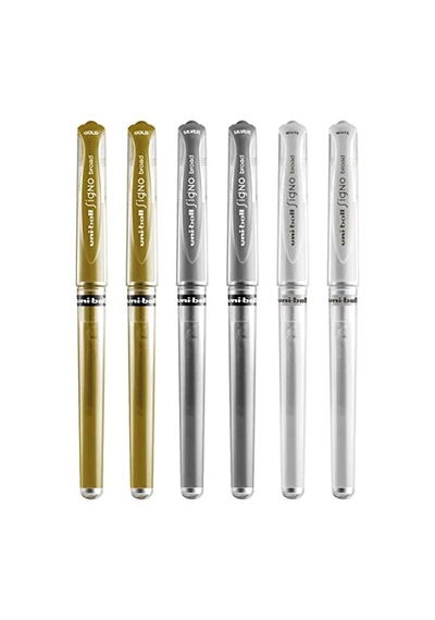 Signo Pen Geniş Metalik Jel Mürekkep Rollerball - Metal 1 Mm Uç Ucu 0,65 Mm Kauçuk Saplı Çizgi Genişliği - Um-153 - 6'lı Paket - Beyaz, Gümüş Ve Altın 165-Koyu Yeşil