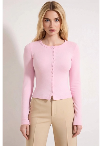Benerly Kadın Bluz Bisiklet Yaka Uzun Kol Fitted Kalıp Örme Kumaş Çıtçıt Açık Pembe