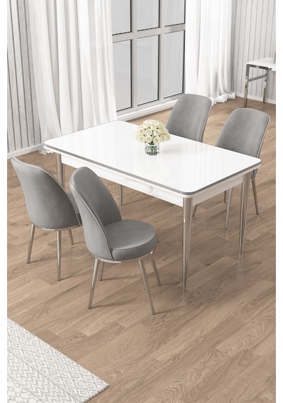 Canisa Rewa Serisi 70x110 Sabit Beyaz Krom Detay Masa Takımı Ve 4 Gri Sandalye Masa Beyaz Sandalye Gri Krom Ayak Canisa Rewa Serisi 70x110 Sabit Beyaz Krom Detay Masa Takımı Ve 4 Gri Sandalye Masa Beyaz Sandalye Gri Krom Ayak