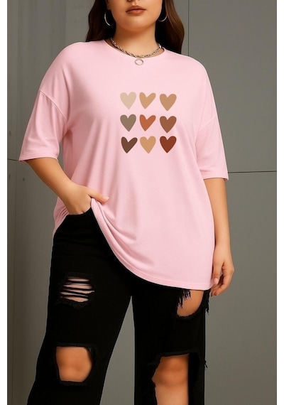 Büyük Beden Sıralı Kalpler Baskılı Unisex Tişört Pembe