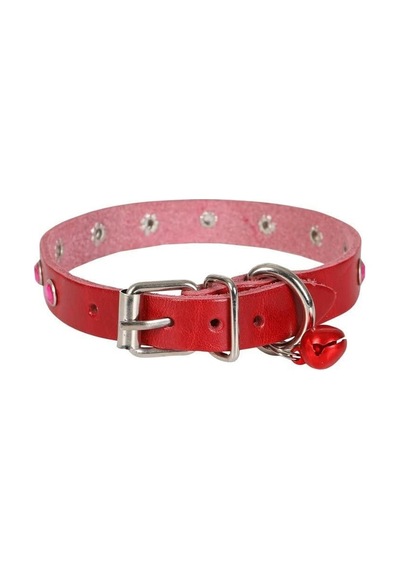 Gerçek Deriden El Yapımı Taşlı Kedi Boyun Tasması, Kırmızı, 1,2x25-29 Cm