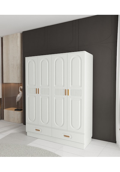 Dova 4 Kapaklı Çekmeceli Bazalı Gardırop - Tamamı Mdf Beyaz Dova 4 Kapaklı Çekmeceli Bazalı Gardırop - Tamamı Mdf Beyaz