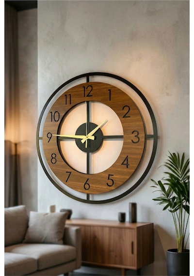 Aa Shop Desenli Sessiz Duvar Saati 50 CM Ahşap - Ceviz - Siyah Siyah Ceviz