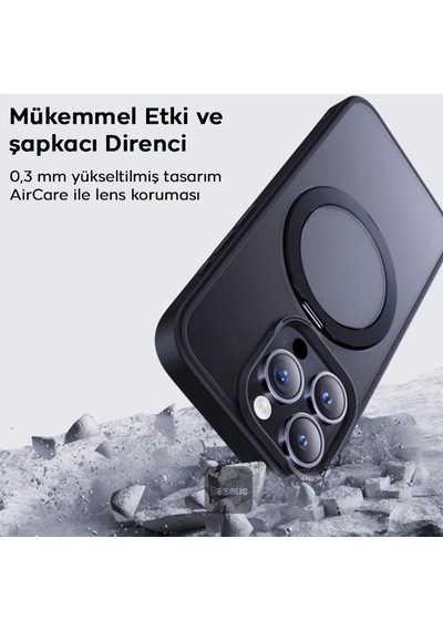 Baseus iPhone Uyumlu 15 Pro Max Skyring Serisi Standlı Magsafe Manyetik Kılıf + Tempered Ekran Koruyucu Set- 5775 Mh-hs9367-5260