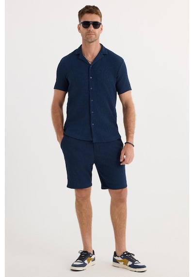 Tudors Erkek Slim Fit Dar Kesim Apaş Yaka Beli Bağcıklı İndigo Gömlek Şort Takım-37572 İndigo
