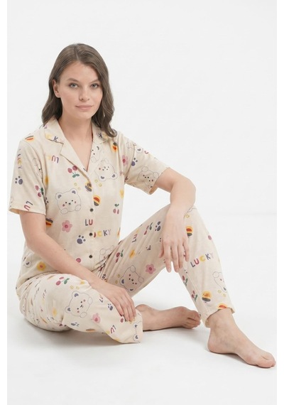 Hepsine Rakip Kadın Düğmeli Kısa Kollu Uzun Alt Pijama Takımı Ayıcık Desenli 7515 Krem