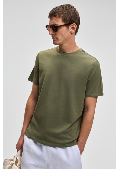 Grimelange Mocassın Erkek %100 Pamuk Relaxed Fit Yuvarlak Yaka Kısa Kollu Haki T-shirt