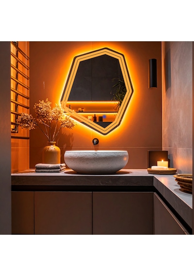 Domira Amber Led'li Lazer Kumlamalı Lavabo & Banyo Aynası Dokunmatik Sensörlü 90 X 76 Turuncu