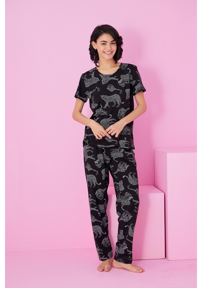 Siyah İnci Bisiklet Yaka Örme Pijama Takım Siyah Kaplan