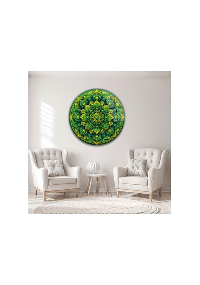 Bohem Yeşil Modern Mandala Tasarım Desenli Yuvarlak Dekoratif Cam Tablo Bohem Temalı Dekoratif Duvar Tablosu, Salon, Yatak Odası Ve Çalışma Alanı Dekoru, 80x80 Cm