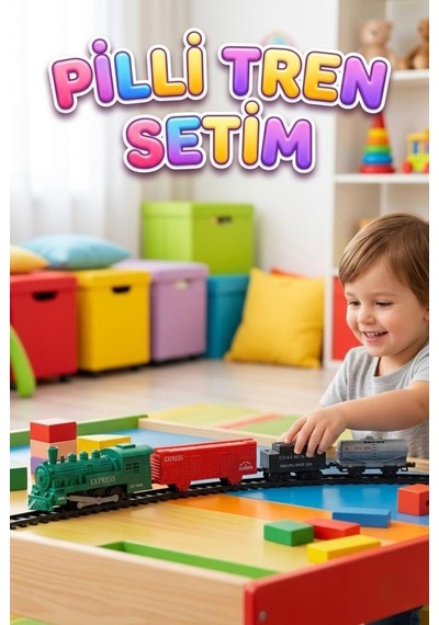 12 Parça Pilli Tren Seti Işıklı Ve Duman Çıkaran Modüler Ray Sistemli Yeşil Tren Kırmızı Vagon Renkli