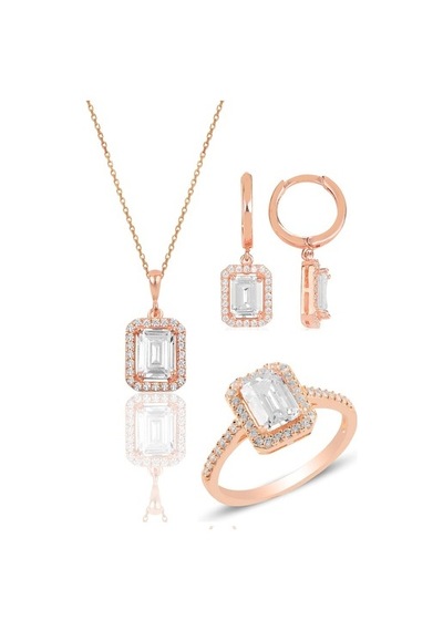 Gümüş Rose Baget Taşlı Üçlü Set