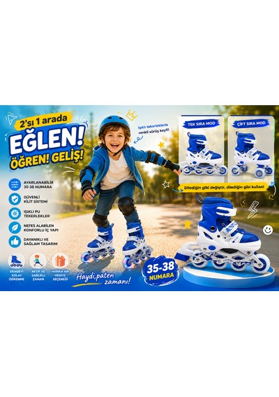 Ayarlanabilir Çocuk Pateni 35-38 Numara 2 Si 1 Arada Inline & Çift Teker Modu Işıklı Pu Tekerlek Mavi