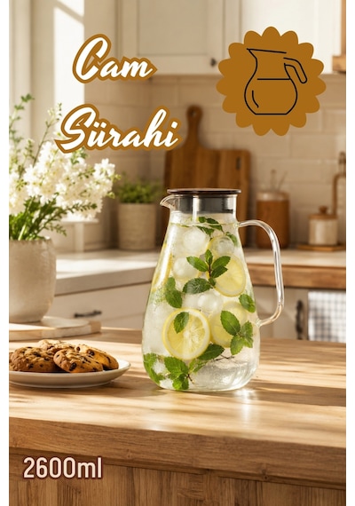 Porsima Lm-0100 Damla Sızdırmaz Metal Kapaklı Ve Kulplu Cam Başucu Sürahisi 2600ml