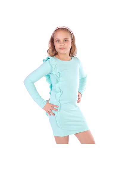 Toontoy Kız Çocuk Regular Fit Bisiklet Yaka Uzun Kollu Fırfırlı Elbise Mint Yeşili