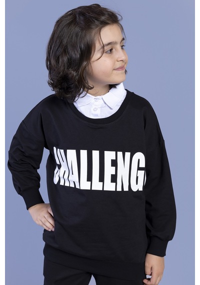 Toontoy Kids Toontoy Erkek Çocuk Baskılı Gömlek Yaka Sweatshirt Siyah