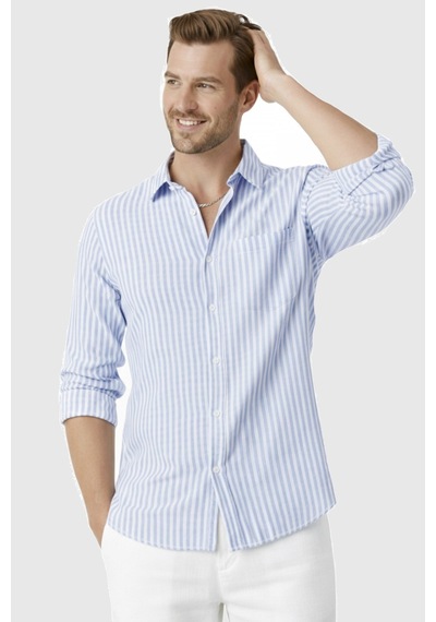 Rizzup Mavi Slim Fit %100 Pamuk Çizgili Erkek Gömlek Cepli Yazlık Yeni Sezon Gömlek 2602627