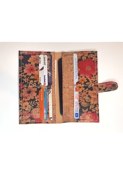 Vegan Mantar Derisinden Telefon Bölmeli Çiçek Desenli Kadın Clutch Cüzdan Kahverengi - Çok Renkli