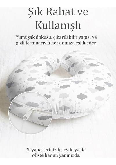 Bulut Desenli Ergonomik Boyun Yastığı - Gri Tonlarda Yıldızlı Yumuşak Seyahat Yastığı Canlı Bakır