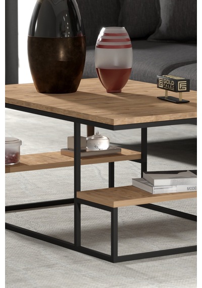 Reyo Falez Deluxe Raflı Orta Sehpa 60x90 Cm Modern Dikdörtgen Orta Sehpa Atlantik Çam