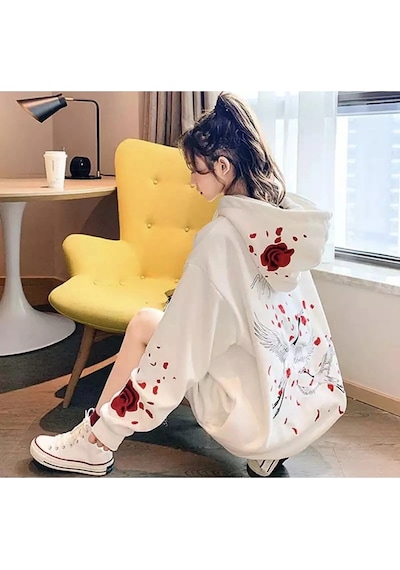 Tarzsokak Özel Tasarım Kapüşonlu Fermuarlı Red Rose Baskılı Süper Oversize Kadın Ceket-sweats Beyaz Beyaz