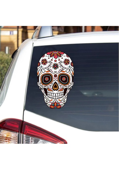 Çiçek Desenli Kurukafa Sticker - Araba Oto Araç Motosiklet Karavan Sticker - 00077 10X6 Cm