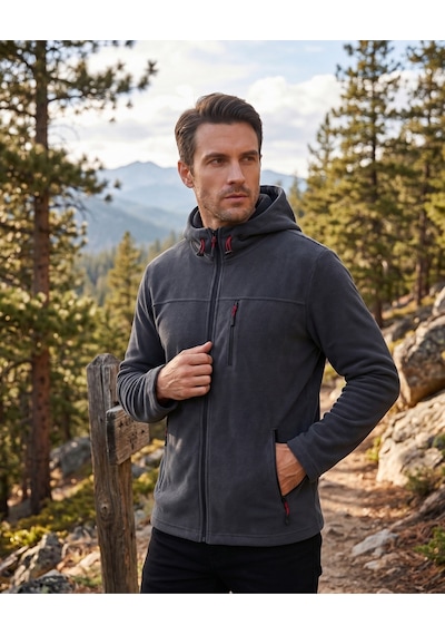 Luxıc Core Erkek Kapüşonlu Koyu Gri Polar 3 Cepli Fermuarlı Sıcak Tutan Kışlık Outdoor Hoodie Günlük Stilpro