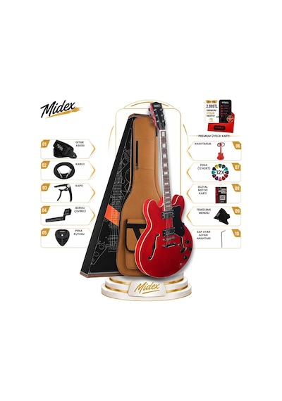 Midex Vintage Jazz-rd Profesyonel Hollowbody Caz Kasa Hh Akustik Elektro Gitar Seti Kırmızı
