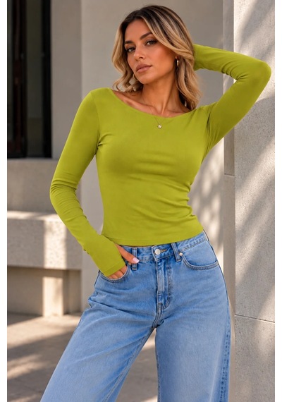 Bb Butik Basic Soft Touch Parmak Geçmeli Kayık Yaka Bluz Mdk35 Olive