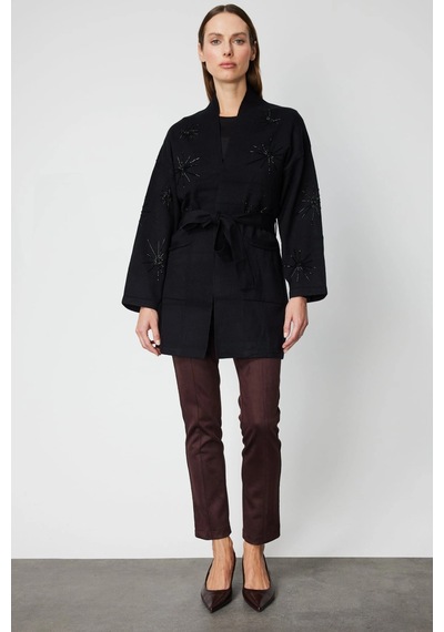 On Fashion Beli Kuşaklı Taş İşlemeli Siyah Hırka 60909 Siyah