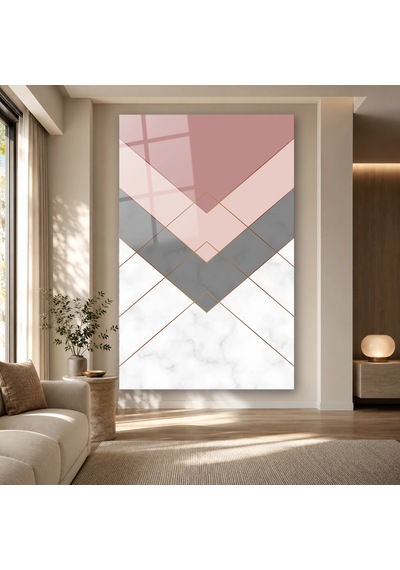 Pudra Gri Mermer Chevron Deseni Çerçevesiz Cam Tablo