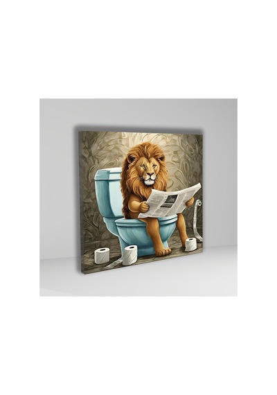 Tekli Kare Kanvas Banyo Tablosu Gazete Okuyan Aslan Kanvas Çok Renkli Çerçevesiz