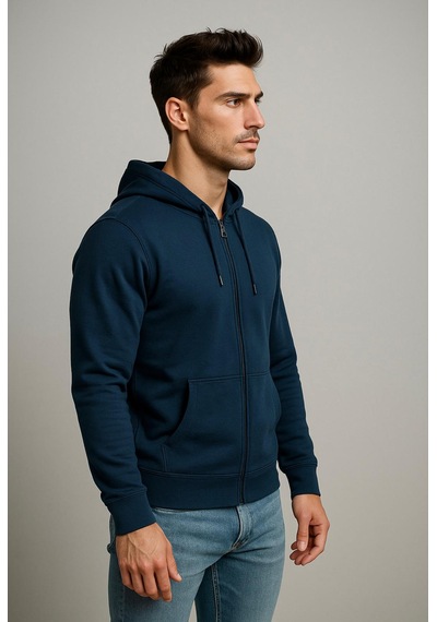 Axxel Erkek İndigo 2 İplik Fermuarlı Kapüşonlu Sweatshirt-w1084 Indigo