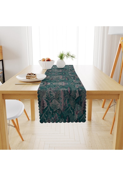 Yaprak Desenli Yeşil Dijital Baskılı Petek Dokuma Runner 40x140