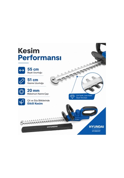 Hyundai Hy20cht 20v Max Akülü Çit Budama Makinesi 55 Cm Bıçak 20 Mm Kesim Akü Ve Şarj Cihazı Hariç