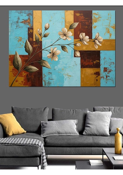 Art Deko Duvar Fonlu Çiçek Dalı Dekoratif Kanvas - Mdf Ahşap Tablo