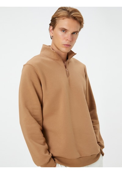 Koton Yarım Fermuarlı Sweatshirt Dik Yaka Uzun Kollu Şardonlu Deve Tüyü 4wam70024mk Taba